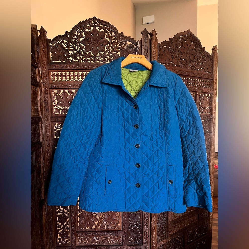 J. Jill Quilted Jacket Women’s M Teal Blue Button Front Lightweight Coat